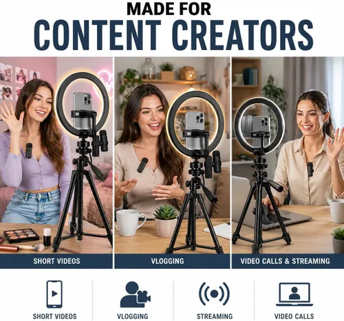 Vista 3 de Acuvar Kit de vlogging con trípode de luz de anillo – Kit de creación de contenido para iPhone, Android y tabletas, micrófono, control remoto