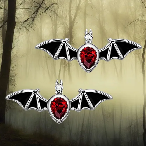 Vista 3 de Aretes hipoalergénicos de plata de ley con forma de murciélago con forma de calabaza y llama, murciélagos, para mujeres, adolescentes, niñas, orejas