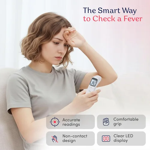 Vista 3 de Smart Med Alert - Termómetro de frente infrarrojo, lectura en 1 segundo, alarma de fiebre, medición sin contacto, memoria de 32 ajustes, 3