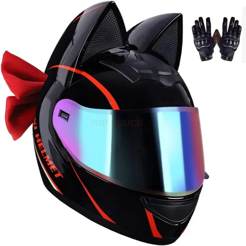 Vista 7 de Casco de motocicleta de moda con bonitas orejas de gato, elegante pajarita para mujer, casco personalizado cómodo de cara completa, transpirable 2