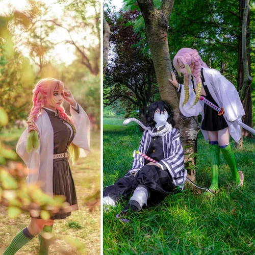 Vista 2 de UZAIN Disfraz de cosplay para mujer, disfraz de anime Kamado Tsuyuri Shinobu Mitsuri, conjunto completo con bambú