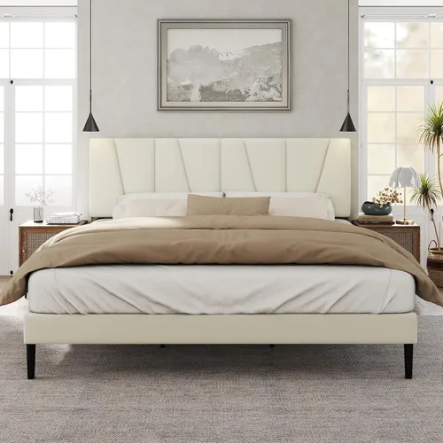 Vista 8 de HAOARA Marco de cama tamaño completo con cabecera tapizada en tela, cama plataforma con soporte de listones de madera, base de colchón completa
