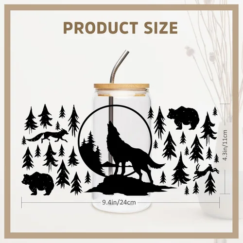 Vista 3 de Adhesivo UV DTF para taza, 8 hojas de transferencia DTF UV de animales para vidrio de 16 onzas, estilo bosque negro, lobo, ciervo, jirafa, elefante