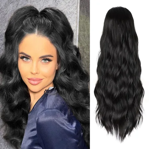 Vista 15 de FREEMEIGE Extensión de Cola de Caballo de 22 Pulgadas Negro Mezclado con Burdeos Larga Ondulada con Cordón Extensión de Cola de Caballo para Mujeres
