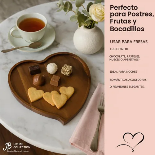 Vista 3 de JB Home Collection, Bandeja romántica de madera de acacia con forma de corazón, bandeja para servir aperitivos, pasteles, frutas, frutos secos