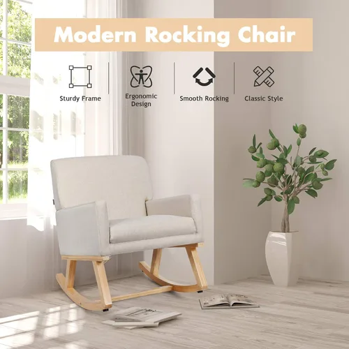 Vista 9 de S AFSTAR Mecedora, silla tapizada de tela con marco de madera resistente y asiento acolchado, sillón moderno para sala de estar (beige)