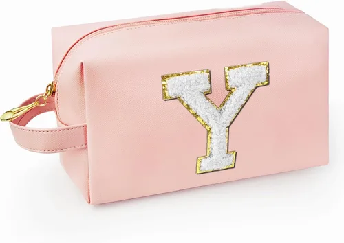 Vista 60 de Bolsa de maquillaje personalizada con inicial con asa, bolsa de cosméticos de preparación con bolsillo interior con cremallera, 8, 9, 10, 11, 12 Rosa