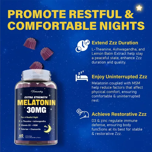 Vista 4 de Gomitas de melatonina de 30 mg para adultos: Suplemento de melatonina de máxima fuerza con L-teanina, ashwagandha, MSM, vitamina D3 y zinc, sin