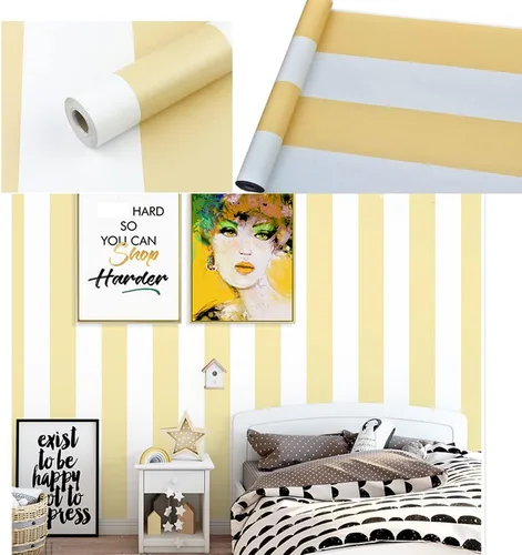 Vista 2 de Papel tapiz autoadhesivo de vinilo amarillo y blanco con rayas anchas para despegar y pegar, para paredes, guardería, niñas, dormitorios, armarios