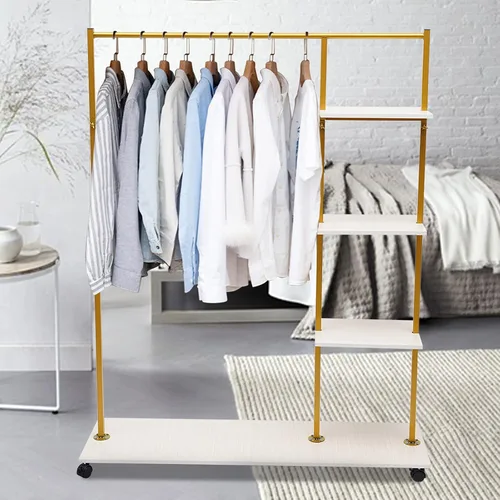 Vista 4 de Perchero para ropa, organizador de ropa con ruedas, soporte cuadrado de exhibición, estante de almacenamiento de metal dorado, estante portátil