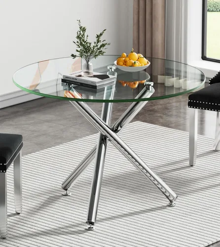 Vista 28 de Mesa de comedor redonda de 35.4 pulgadas para 4, moderna mesa de cocina de vidrio transparente para 4 personas con patas de metal dorado, mesas