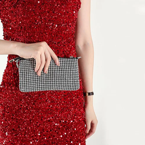 Vista 4 de Silver Clutch Women Rhinestone Evening Bag Wedding Crystal Bride Engagement Purse Fold Over Chain Crossbody Shoulder Bag