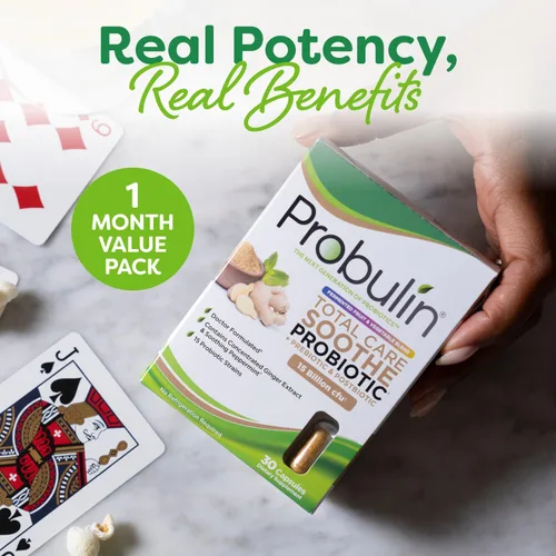 Vista 5 de Probulin Total Care Soothe Prebiótico, probiótico y postbiótico + jengibre y menta para calmar la digestión, 15 mil millones de UFC, 15 cepas, 30