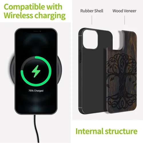 Vista 8 de Carveit Funda magnética de madera para iPhone 13 Mini, madera real dura y TPU suave, funda protectora híbrida de madera única y elegante a prueba