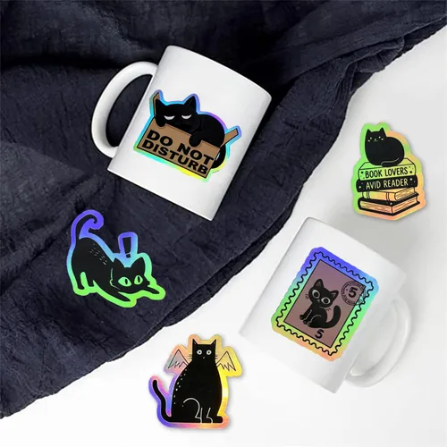 Vista 8 de 110 calcomanías holográficas de gato negro, divertidas y lindas calcomanías de vinilo de gato vacío, calcomanías impermeables con brillo de arcoíris
