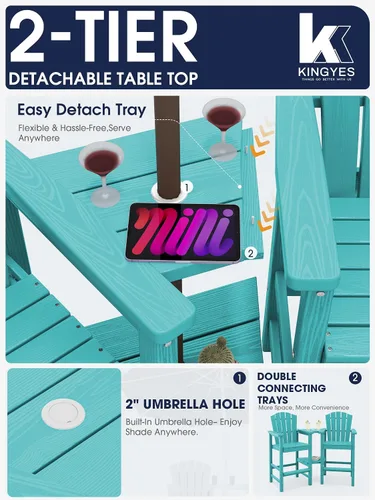 Vista 6 de KINGYES Aruba - Juego de 4 sillas Adirondack altas de HDPE con bandejas de conexión dobles, silla Adirondack de altura de barra en relieve para 2