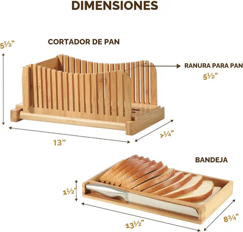 Vista 6 de Bambüsi Cortador de pan de bambú con cuchillo, grosor de 3 rebanadas, guía de corte compacta plegable con bandeja para migas, cuchillo de pan