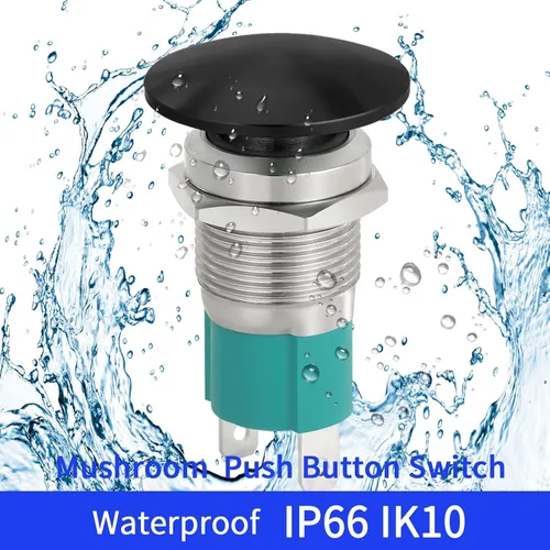 Vista 2 de Interruptor de botón de cierre de 10 Amp, 16 mm, con cabeza de hongo roja, impermeable, DC12V 24V 110V/120V 250VAC, SPST, de acero inoxidable