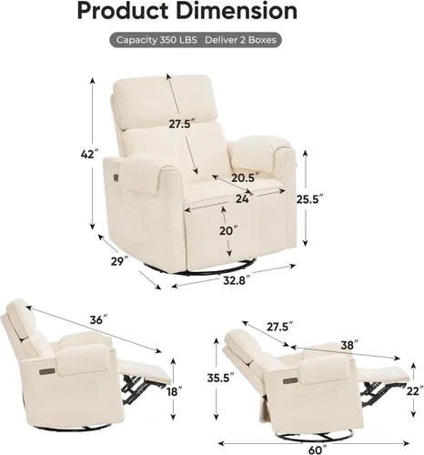 Vista 2 de Silla reclinable eléctrica extragrande, sillón basculante giratorio de 26" extra ancho con reposacabezas ajustable, silla mecedora de chenilla
