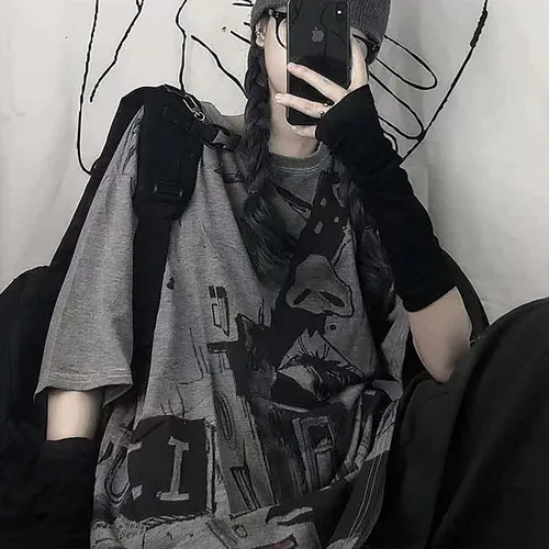 Vista 6 de LREUIP Camiseta estampada gótica de gran tamaño Harajuku Street Trend Hombres y Mujeres Personalidad Suelta Estampado Punk Manga Corta