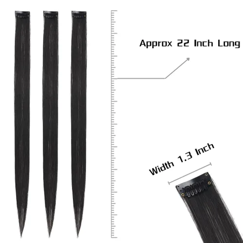 Vista 3 de Extensiones de cabello negro con clip, 10 piezas de 22 pulgadas de largo, rectas de colores lisos, accesorios sintéticos, extensiones con clip