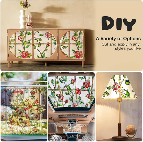Vista 4 de Windimiley Película decorativa para ventana de vitral, 3D con diseño floral de rosas, película adhesiva estática de privacidad que difunde la luz