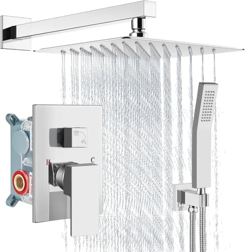 Vista 26 de Aolemi Sistema de ducha tipo lluvia de 12 pulgadas, cabezal de ducha cepillado Nikcel Combo Set con ducha de mano válvula de montaje en pared grifo