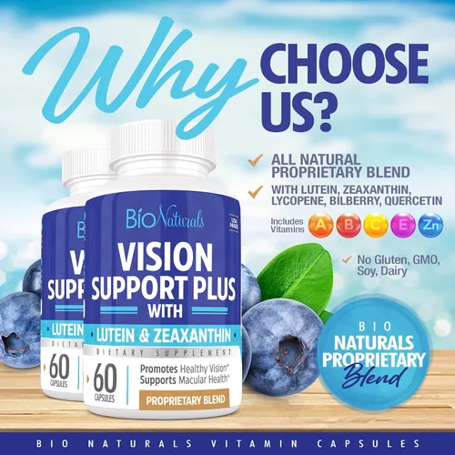 Vista 2 de Suplemento vitamínico para los ojos con luteína, zeaxantina, licopeno, arándano, quercetina y más, mezcla patentada totalmente natural que apoya