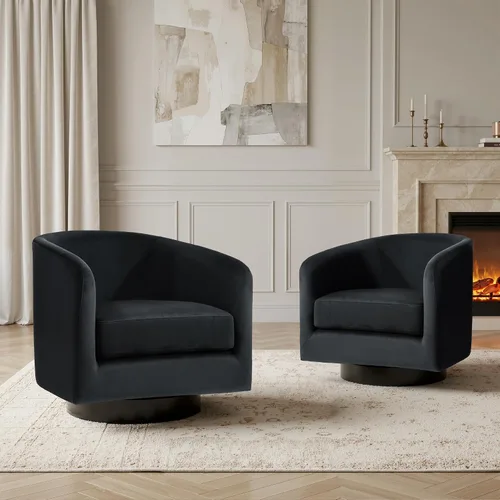 Vista 39 de Silla Giratoria de Acento de Cuero Sintético con Base de Madera, Sillas de Barril Tapizadas Modernas para Sala de Estar, Cómodo Sillón Redondo Sofá