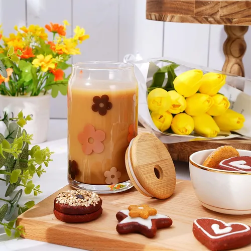 Vista 4 de Whaline Juego de 4 vasos para beber con tapas de bambú y popote de vidrio, taza de vidrio en forma de lata de 16 onzas, vaso de café helado, ideal