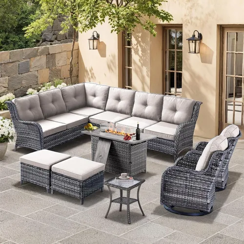 Vista 108 de HUMMUH Juego de 2 Sillas Giratorias Mecedoras de Mimbre para Patio Exterior, Juego de Muebles de Sillas Mecedoras de Ratán (Marrón, Azul) 50,000