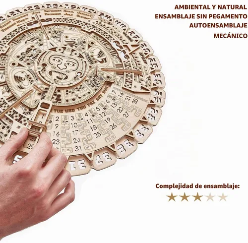 Vista 5 de Wood Trick - Kit de modelo mecánico de madera de calendario maya de pared - 41 cm - Rompecabezas de madera 3D para adultos, constructor
