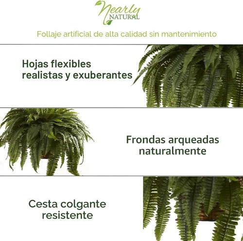 Vista 6 de Nearly Natural Decoración artificial de cesta colgante de helecho Boston