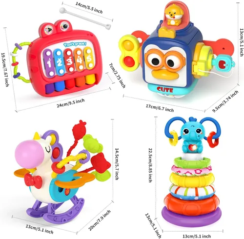 Vista 7 de 4 en 1 Juguetes para bebés de 6 a 12 meses, sensorial e infantil de apilado para 1 año, juguetes de cubo ocupado de dinosaurio para bebés de 6 a 9 a