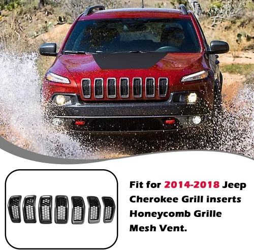 Vista 4 de JSCARLIFE J-eep Cherokee 2014-2018 - Kit de 7 piezas de insertos de rejilla de panal de abeja, cubiertas de malla estilo OEM, instalación con clip