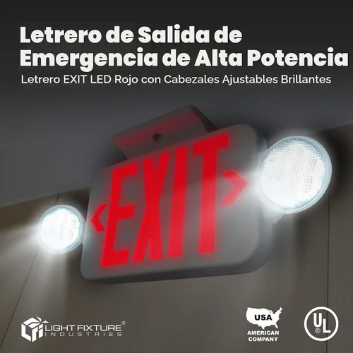 Vista 3 de LFI Lights® - Señal de salida roja combinada con luces de emergencia Carcasa blanca Todos los LED Dos cabezales redondos ajustables cableado