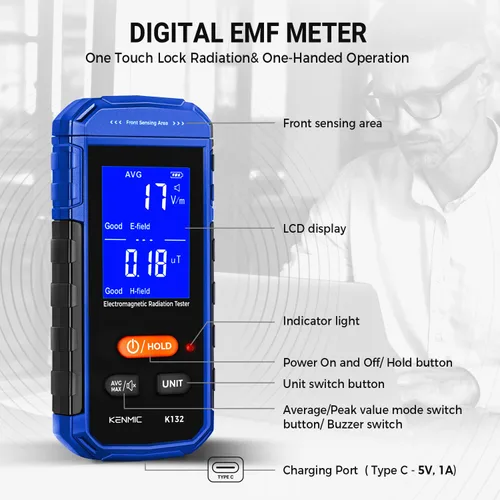 Vista 7 de Medidor EMF recargable, detector de campo electromagnético de mano con LCD digital, adecuado para inspecciones EMF en el hogar y al aire libre