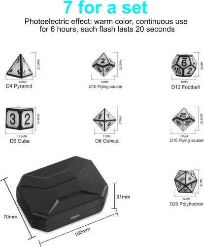 Vista 5 de HTPOW Juego de dados LED DND, 7 dados poliédricos USB recargables para RPG Blanco cálido