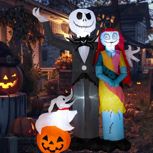 Vista 3 de Nervure Decoración de Halloween inflable de 6 pies para exteriores, decoraciones inflables de Halloween con perro esquelético y calabaza, inflables