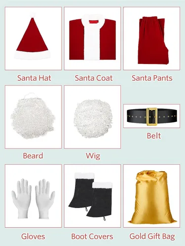 Vista 3 de Disfraz de Papá Noel para hombre, 9 piezas, traje de Papá Noel, de terciopelo de lujo, para hombres