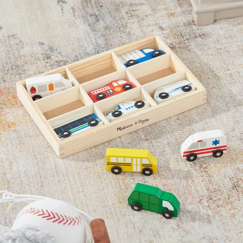 Vista 9 de Melissa & Doug - Juego de vehículos de madera en bandeja de madera (9 piezas)
