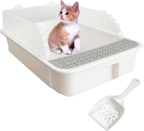 Vista 10 de Caja de arena abierta para gatos con lado alto, bandeja antisalpicaduras para gatos, inodoro para gatitos con cuchara, arena extraíble semicerrada
