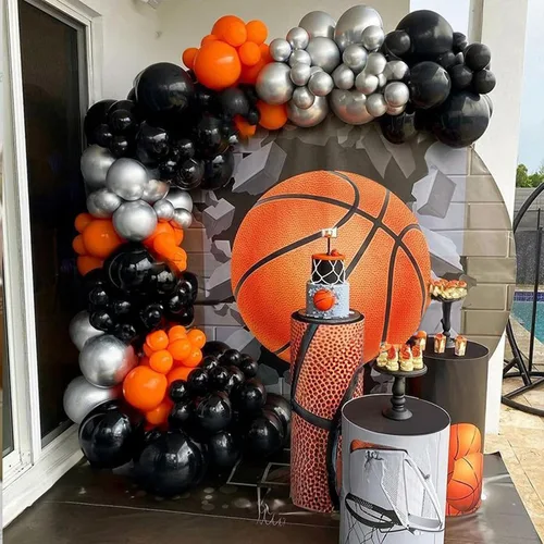 Vista 6 de Kit de arco de globos de baloncesto, kit de guirnalda de globos naranja y negro plateado con globos de estrella en explosión, kit de globos