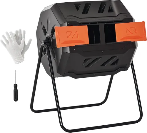 Vista 11 de Outsunny Cubo de compostaje giratorio para exteriores 360° de doble cámara, contenedor de compost de 43 galones, negro