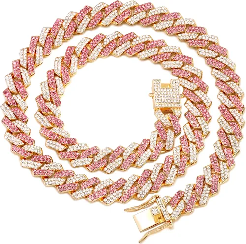Vista 14 de Collar de cadena dorada para perro, collar cubano de diamantes para caminar, collar de cadena de metal con diseño de hebilla segura, collares