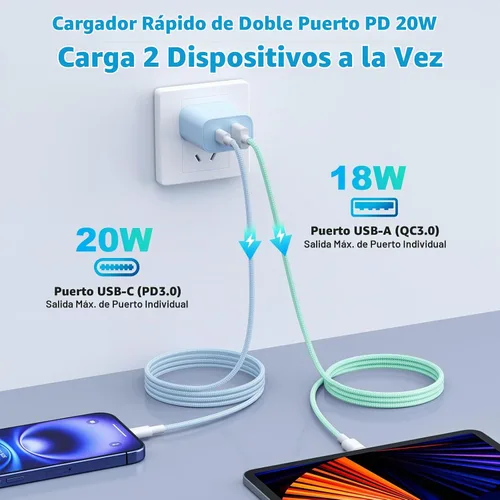 Vista 2 de Para iPhone 17 16 15 Cargador de carga rápida, paquete de 4 unidades de doble puerto de 20 W USB C Charger Block with 6FT USB-C to C Cable Type C