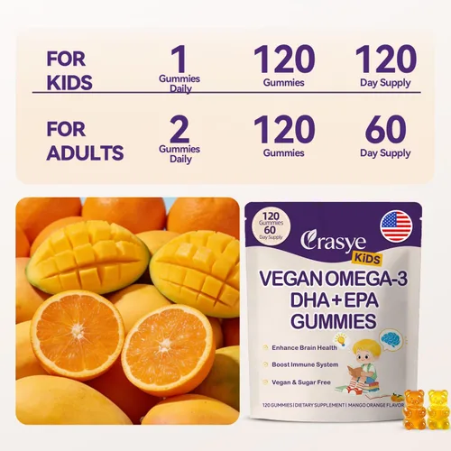 Vista 6 de Gomitas Omega 3 para niños y adolescentes – Suplemento Omega DHA y EPA sin azúcar para el cerebro y la inmunidad de los niños – Sin eructos
