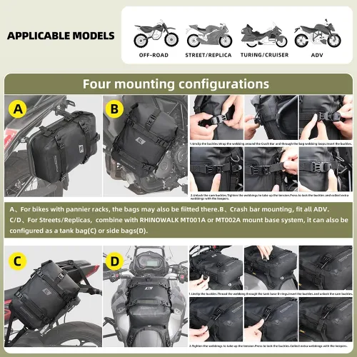 Vista 4 de Rhinowalk Bolsa de parachoques delantero de motocicleta, bolsa de cola, bolsa lateral de motocicleta de 6 L, bolsa de sillín completa impermeable