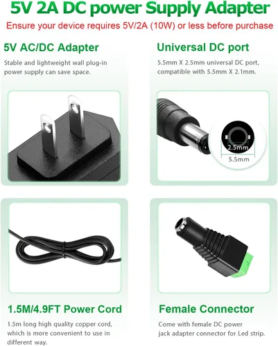 Vista 3 de Adaptador de fuente de alimentación DC de 5V 2A 10W Cargador de enchufe de pared AC/DC AC 100V-240V a D C 5 voltios 2Amp 1A 1.5A Cable