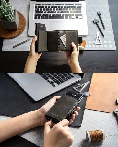 Vista 4 de VULKIT Credit Card Holder RFID Blocking Leather Automatic Pop Up Wallet Magnetic Wallet Double Card Case for Men and Women